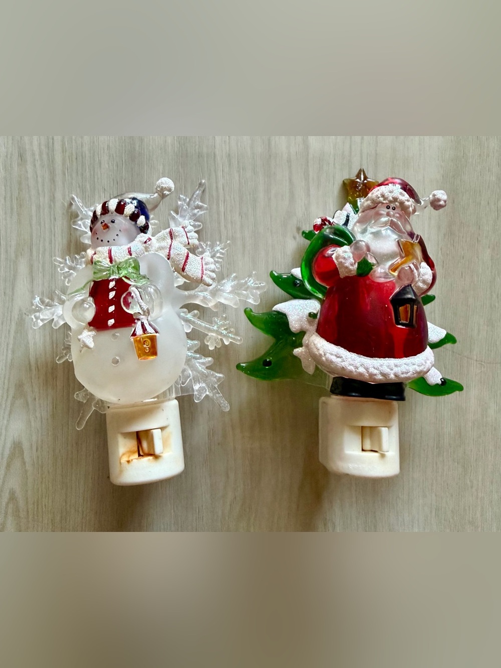 2 Vintage Christmas Holiday 2 Sided Santa / Tree  Night Lights